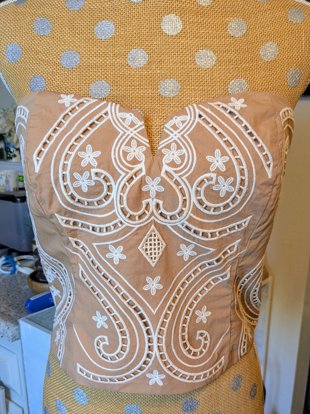 Express Embroidered Bustier Crop Top  in Nude/White White Lg